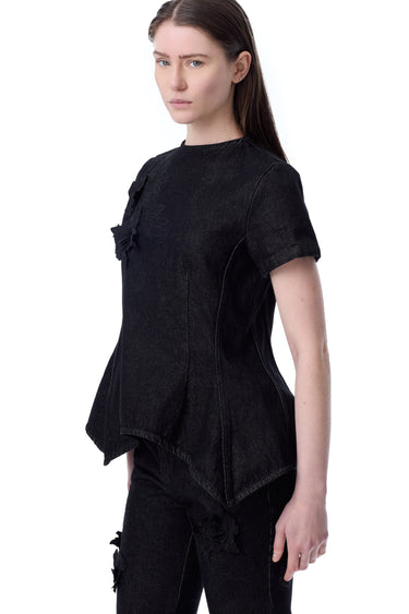 BLACK DENIM CAP SLEEVE PEPLUM TOP marques almeida