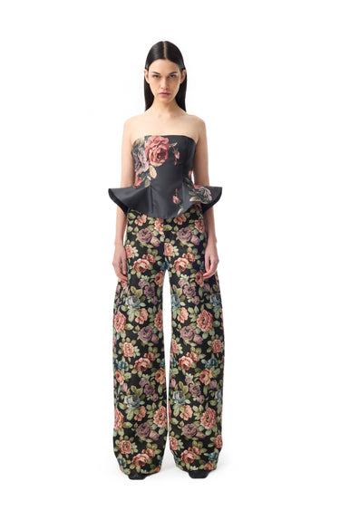BLACK FLOWER PRINTED STRAPLESS WAISTED TOP marques almeida