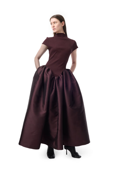 BURGUNDY CAP SLEEVE DRESS WITH LONG PUFF SKIRT marques almeida
