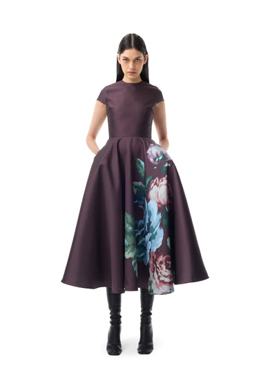 BURGUNDY FLOWER PRINTED CAP SLEEVE DRESS marques almeida