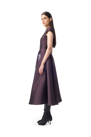 BURGUNDY FLOWER PRINTED CAP SLEEVE DRESS marques almeida
