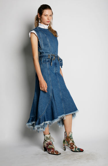 DENIM FITTED MIDI DRESS WITH SEAMS AND BELT MARQUES ' ALMEIDA DENIM FITTED MIDI DRESS WITH SEAMS AND BELT MARQUES ' ALMEIDA