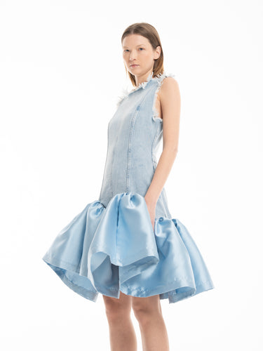 LIGHT BLUE DENIM FITTED DRESS WITH MIKADO PUFF HEM marques almeida
