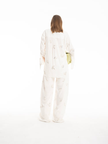 WHITE LINEN LOOSE PYJAMA PANTS WITH EMBROIDERED SEQUINS marques almeida
