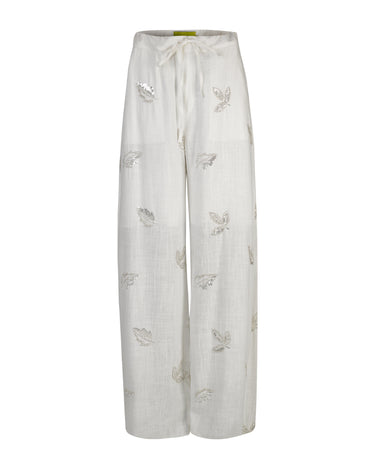 WHITE LINEN LOOSE PYJAMA PANTS WITH EMBROIDERED SEQUINS MARQUES ALMEIDA